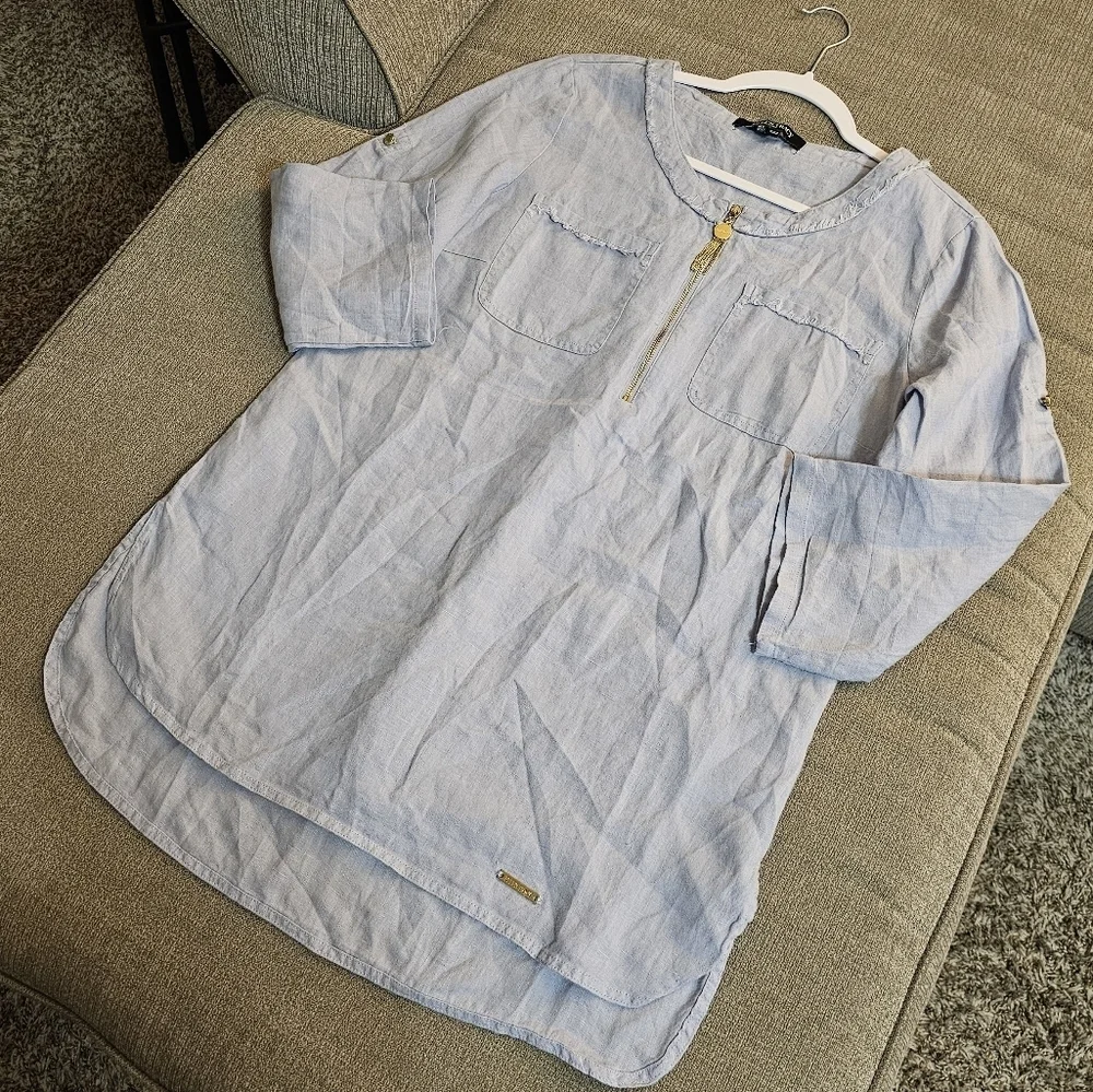 Ellen Tracy Linen Light Blue Casual Career Office Tunic w/ Gold Accents Small - Picture 2 of 6